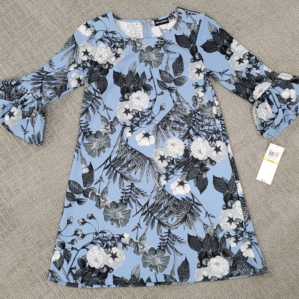 Nina Leonard Blue floral ruffle sleeve dress